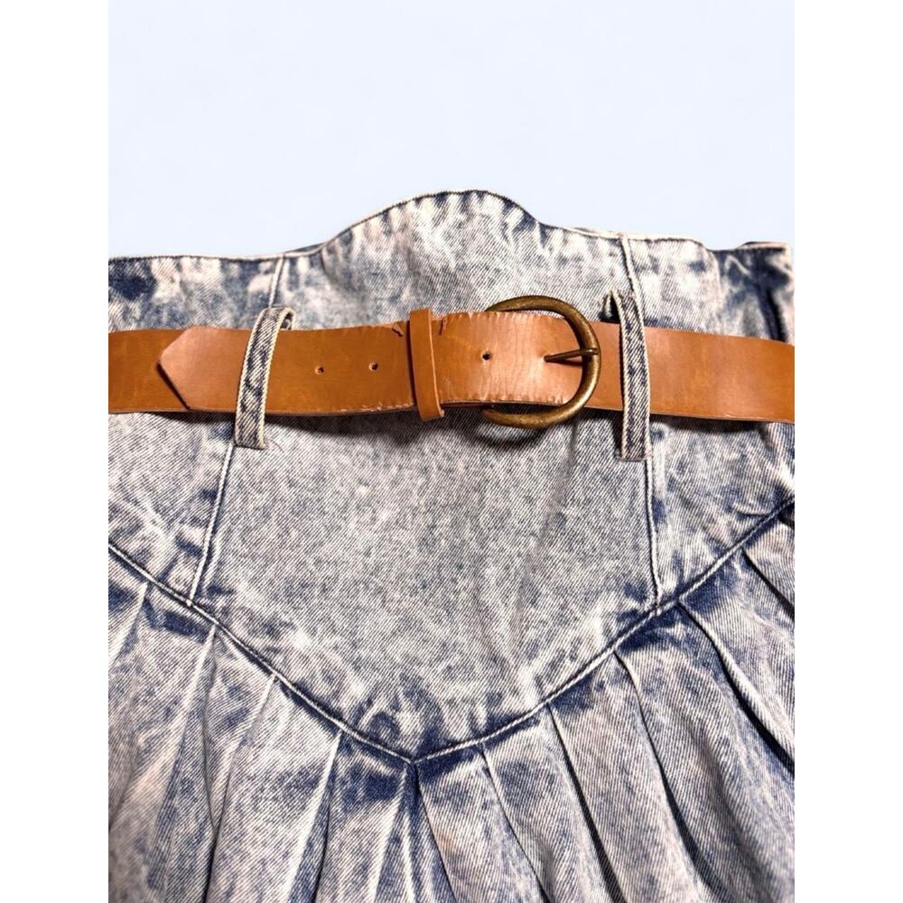 Vintage 80s Chaos High Waisted Acid Wash Denim Skirt Caramel Leather Belt - Picture 3 of 6